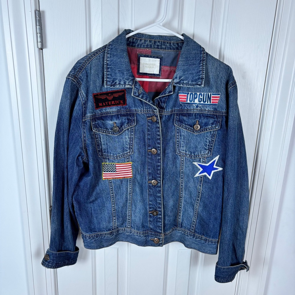 Forever 21 Patch Denim Jacket - Top Gun Maverick & "Whatever" Back Embroidery
